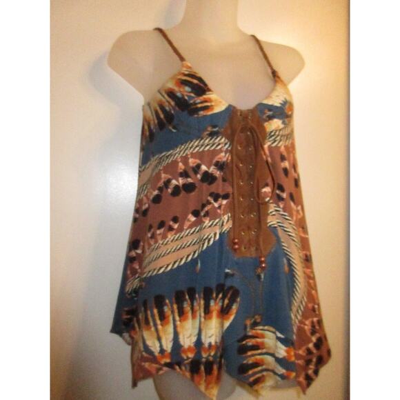 Sky Clothing Brand XS Top Handkerchief Suede Leather Printed Feathers FLAWED - Picture 4 of 6